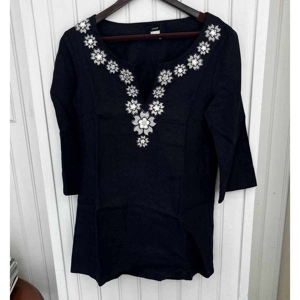 J Crew Sz 4 Womens Navy Tunic Swim Cover 100% Linen Beach Vacation Boho Embroide
